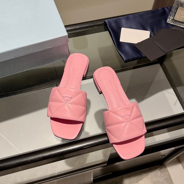 

designers women genuine triangle slipper sandals flat slides flip flops summer leather outdoor loafers bath shoes beachwear slippers black w