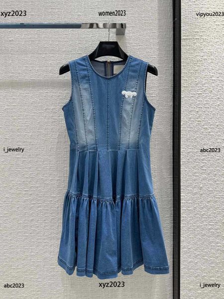 

luxury designer woman dress tank denim dress fashion splicing design dress round neck sleeveless skirt, Black;gray