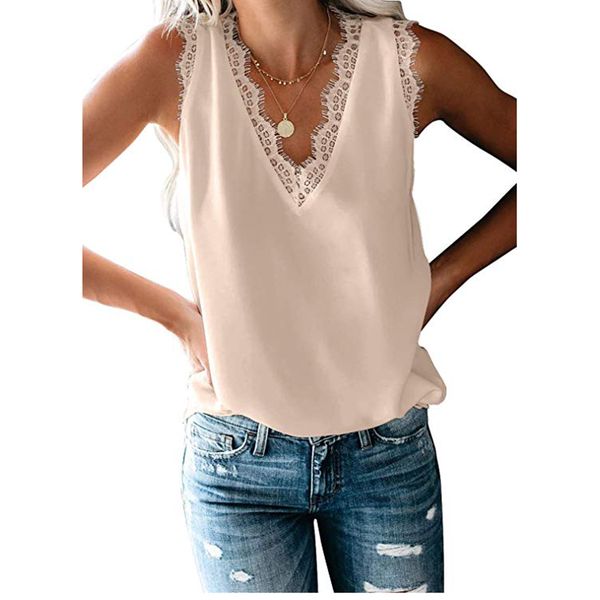

women sleeveless v neck lace trim tank, White