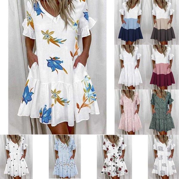

summer loose fashion v neck dresses short print ruffled pocket dress for women, Black;gray