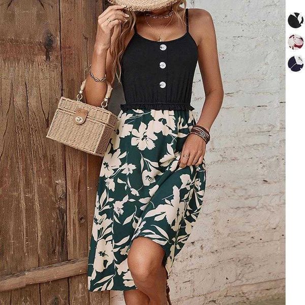 

summer fashion womens clothing flower splicing sling dress, Black;gray