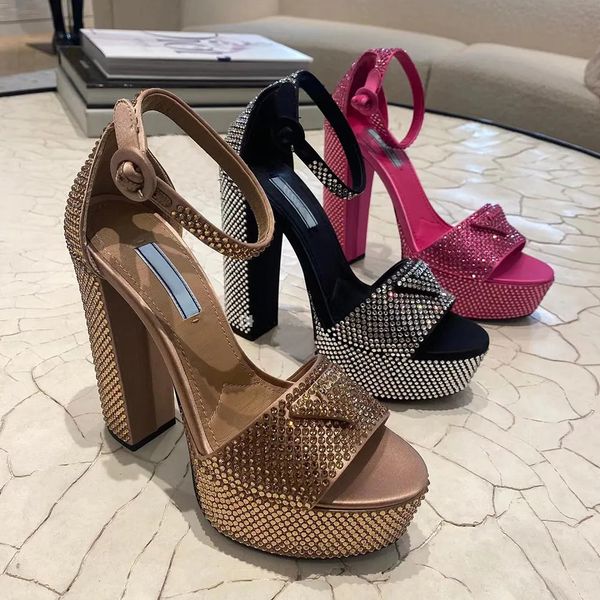 

latest rhinestone platform sandals 13mm thick heel sliding open toe luxury designer sandals women's shoes strap dinner dress pumps, Black