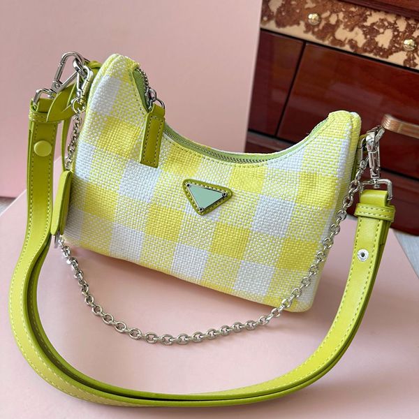 

two-tone plaid woven women designer underarm hobo bag enameled metal triangle silver chain removable leather strap zipper shoulder handbag 4