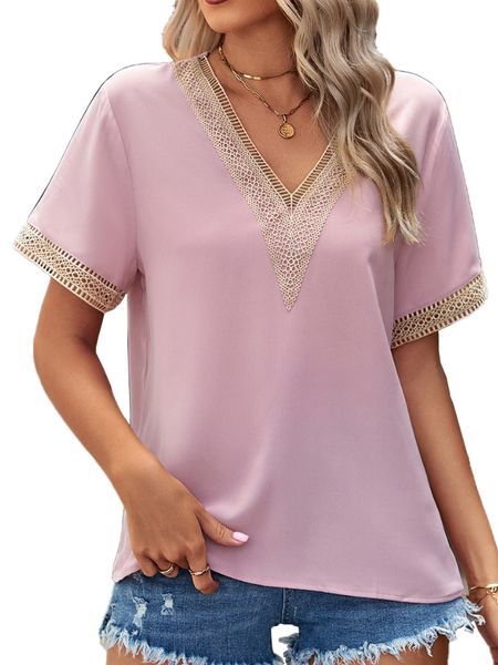 

women short sleeve v neck solid chiffon t shirt, White