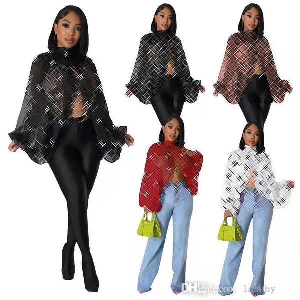 

women designer 2023 summer backless shirt shawl lace up fashion printed perspective mesh bat long sleeve blouse, White