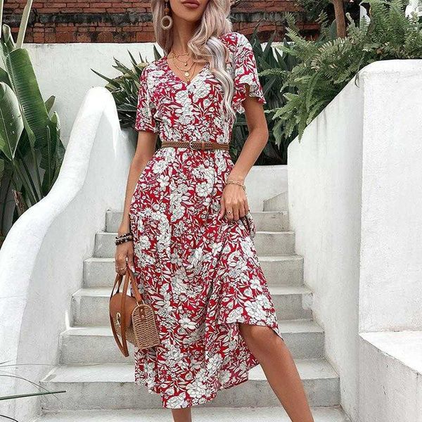

summer fashion dress womens clothing red printed short sleeve elegant, Black;gray