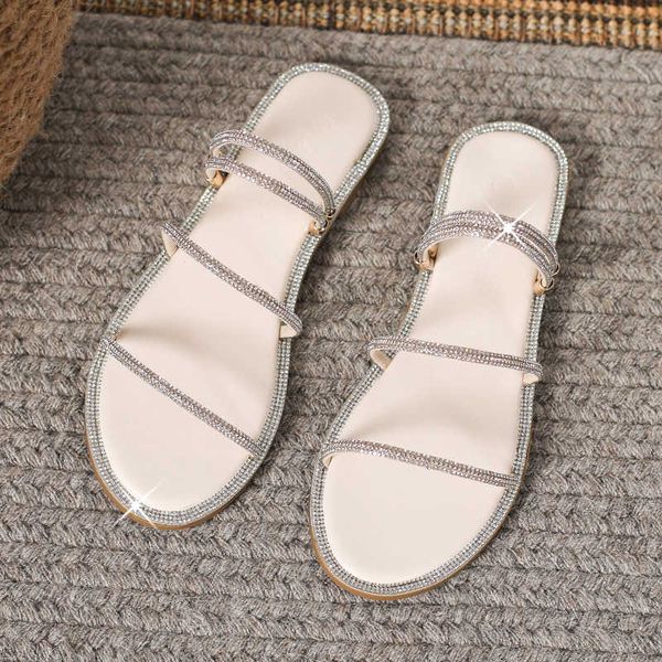 

sandals women with diamond 2022 summer fairy style one shoe two wears casual fashion outer wear flat bottom rhinestone, Black