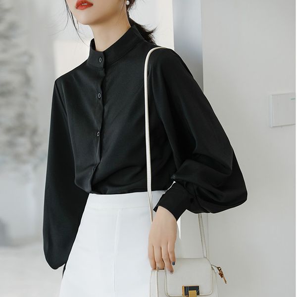 

fashion lantern sleeve blouse women springtime single breasted stand collar shirts office work shirt solid vintage blouse, White