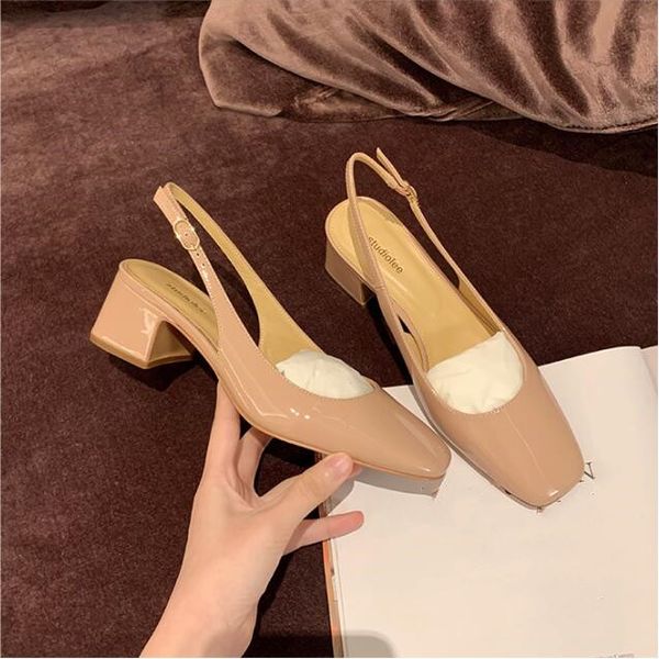 

summer female office lady sandals woman luxury fashion chunky heels women silver nude leather back strap pumps dress shoes, Black