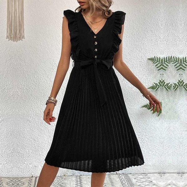 

waist skirt summer womens ruffled pleated sleeveless dress, Black;gray