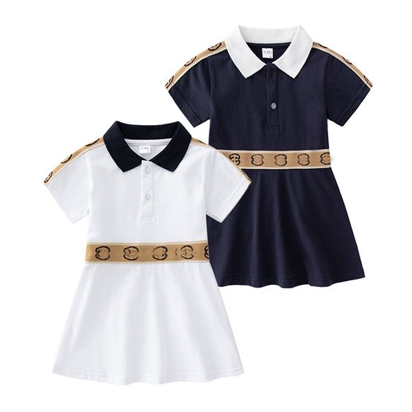 

Summer Girls Brand Princess Dresses Letters Printed Baby Girl Short Sleeve Dress Children Turn-down Collar Skirt, White