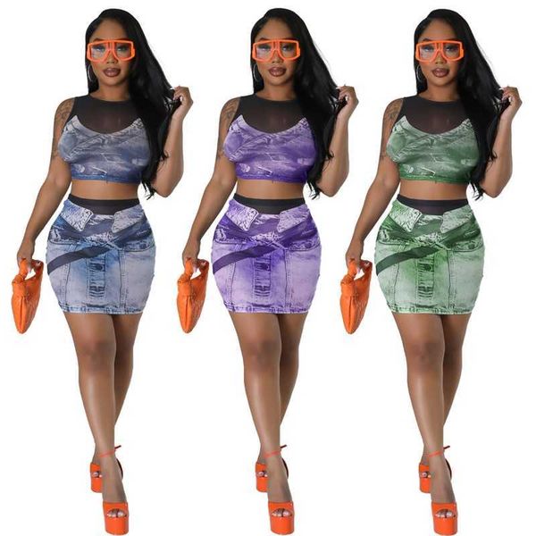 

new summer women tracksuits two piece dress suit fashion mesh printing tank and short skirt outfits, Gray