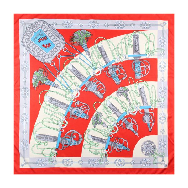 

manual hand rolled twill silk scarf women chain sword handle tassel printing square scarves echarpes foulards femme wrap bandana hijab 90cm*, Blue;gray