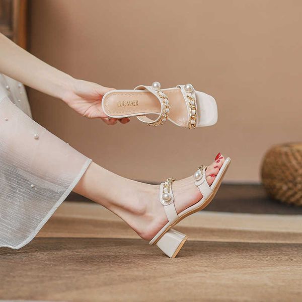 

sandals 2023 summer new high heel shoes french thick women's square toe open slippers, Black