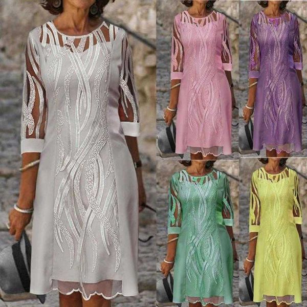 

summer womens fashion round neck casual dresses lace stitching half sleeve sun protection dress, Black;gray