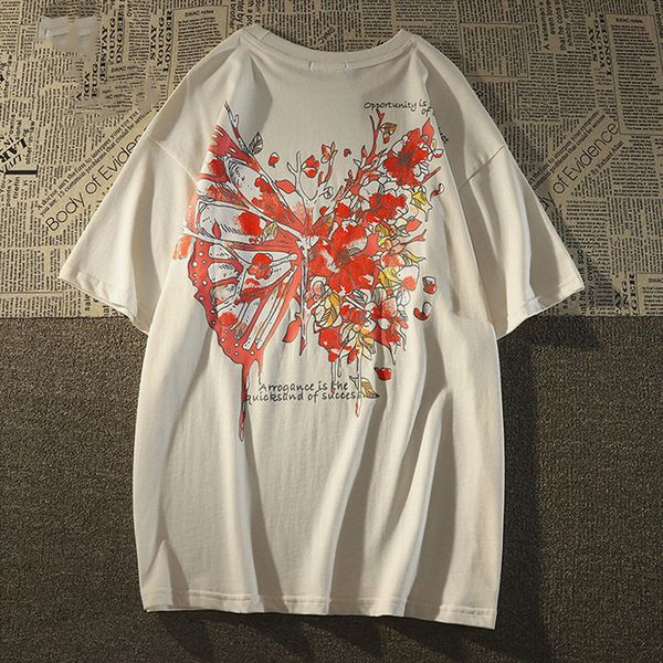 

american high street flower butterfly print short-sleeved t-shirt women and men loose ins brand hip-hop korean trend tshirts, White