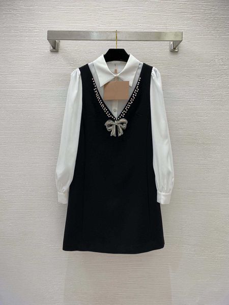 

23ss summer dresses women dress women designer clothes lapel long-sleeved shirt heavy work diamond studded beaded bow a-line v-neck vest ski, Black;gray