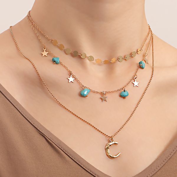 

fashion jewelry unique design necklace cool multi-layer natural turquoise crescent pendant necklace female ins spice girl style necklace 01, Silver