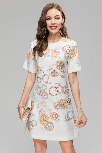 

dress 2023 spring and autumn women's beaded dress fashion printed round neck short sleeve elegant dress monochrome s_ xl, Black