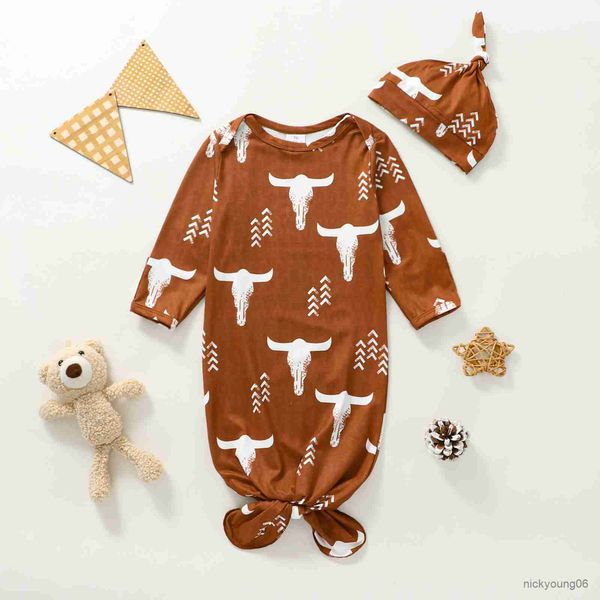 

sleeping bags 0-3m infant baby girls boys bag cow head print long sleeve swaddle wrap knotted blankets and hat outfit r230614