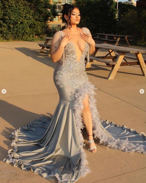 

silver social mermaid prom dresses gillter tassel feather slit black girl couple evening gown vestidos de graduacion largos