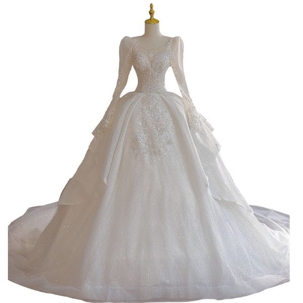 

o neck glitter wedding dresses off white sequined beading puff sleeve long tailing luxury elegant party ball brides gowns 2023