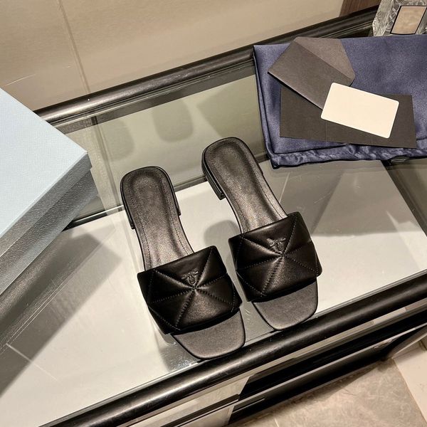 

designers women genuine triangle slipper sandals flat slides flip flops summer leather outdoor loafers bath shoes beachwear slippers black w