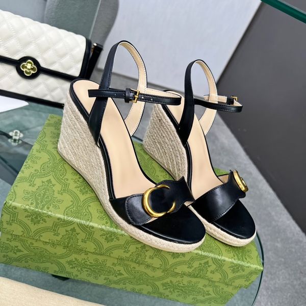 

designers wedge sandals women straw raffia woven platform espadrille genuine leather high heels 8cm double g sandal summer beach wedding sho, Black