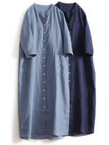 

casual shirt dress women summer medium long loose simple style vintage dresses straight single breasted elegant lady, Black;gray