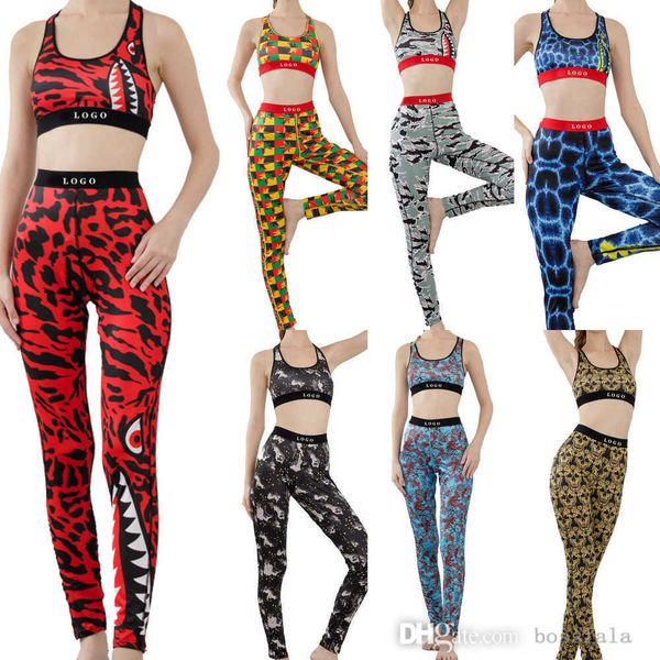 

designer yoga bra sets women tracksuits two pieces pants set crop vest bikini patchwork shark camo printed swimwear 9colors, Gray