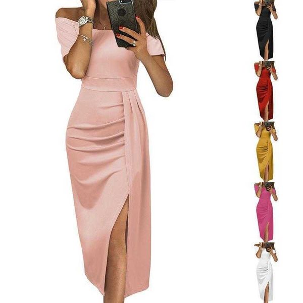 

solid color waist tight dress womens summer slim fit off neck split, Black;gray