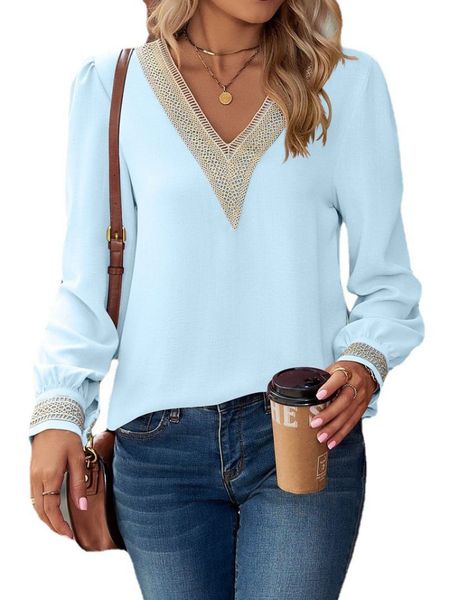 

women long sleeve solid v-neck lace chiffon, White