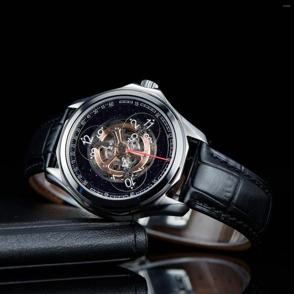

wristwatches oblvlo sapphire stars wheel mechanical automatic mens watch super luminous leather waterproof creative causal watches dk-j, Slivery;brown