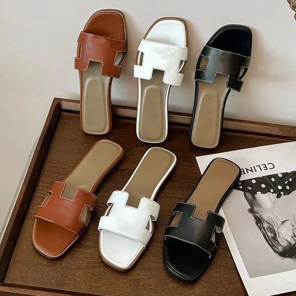 

designer h slippers oran sandals for women ladies summer casual fashion luxury classic flat leather solid home beach slides shoes with dust, Black
