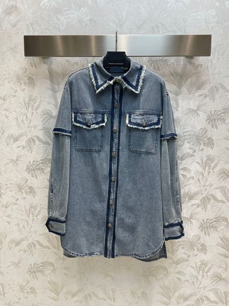 

2023 runway designer women's blue denim shirts single breasted turn down collar long sleeve solid blouse casual button up design shirts, White