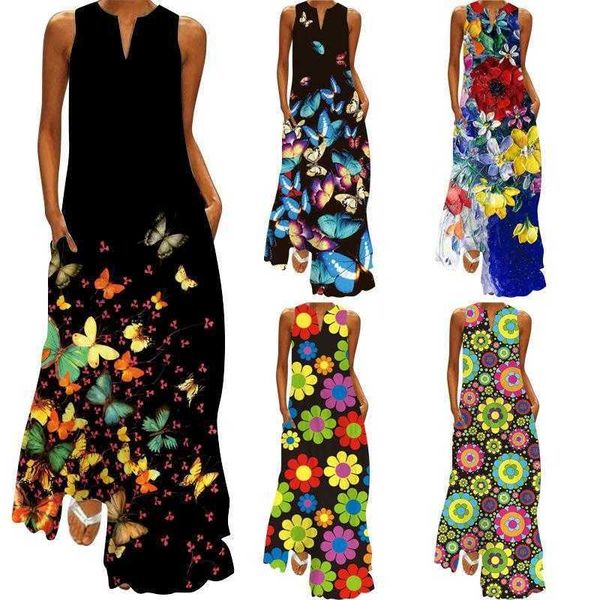 

summer womens clothing dresses printed v neck pocket long dress swing, Black;gray