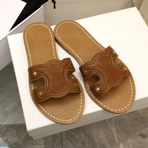 

sandals famous designer women sandles triomphe mule sliders calfskin flats slide sandal mules flip flops sandale black brown cream leather s