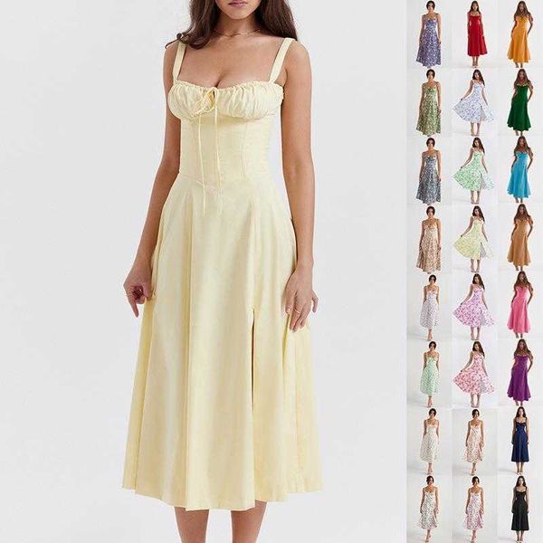 

summer french style temperament split dresses solid color printing slip dress women, Black;gray
