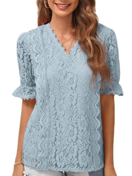 

womens short sleeve solid v-neck hollow lace knit for summer, White