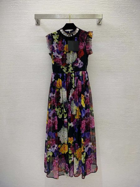 

23ss summer dresses women dress heavy industry diamond studded bead flower print wrapped waist for slim elegant large swing flying sleeveles, Black;gray