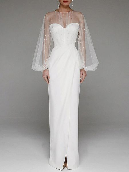 

elegant white sheath evening dress 2023 jewel illusion pearls long puffy sleeve silt women prom gowns formal party dresses robe de soiree ve, Black;red