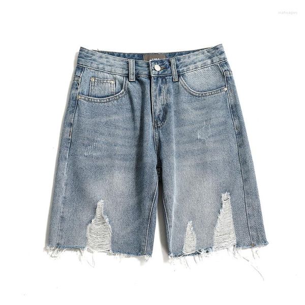 

men's jeans perforated denim shorts men's trendy brand ins mesh red quarter pants straight tube trend summer thin and loose, Blue