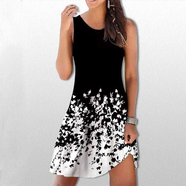 

womens dress sweet style round neck sleeveless floral skirt, Black;gray