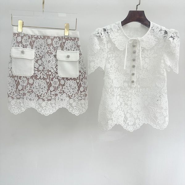 

casual dresses new s/elf portrait lace hook flower elegant short sleeve shirt+half skirt set, Black;gray