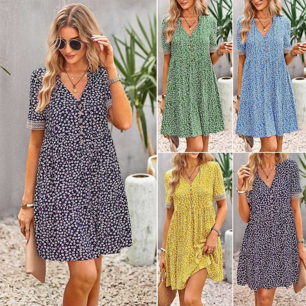 

diyun floral short sleeved dress for women summer elegant v neck skirt, Black;gray