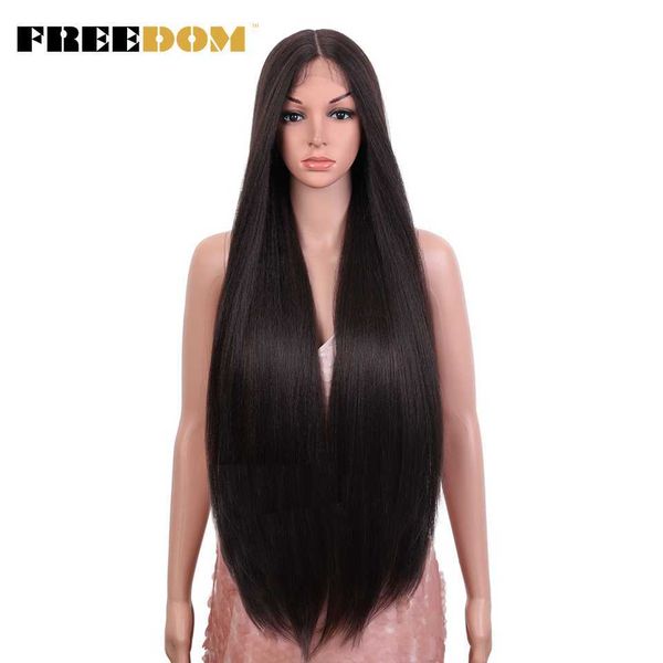 

yaki straight synthetic lace wigs for women brown handtied lace wig 36 inch middle part long blue pink cosplay wig 230524, Black;brown