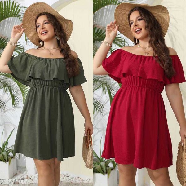 

summer large size dresses womens clothing plus chubby girl off shoulder ruffled dress, Black;gray