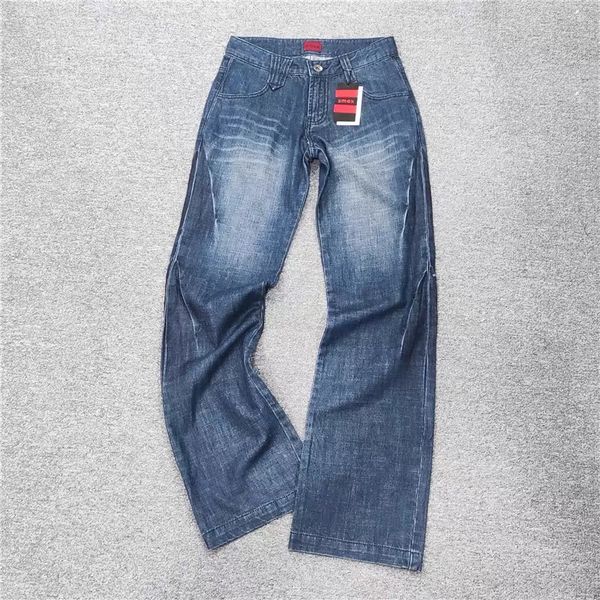

summer men's original color denim mid waist loose and versatile casual pants, straight length wide leg denim pants, cotton summer, Blue