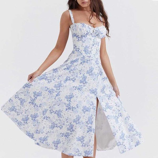 

summer womens clothing casual dresses floral tight waist french split sling dress women, Black;gray