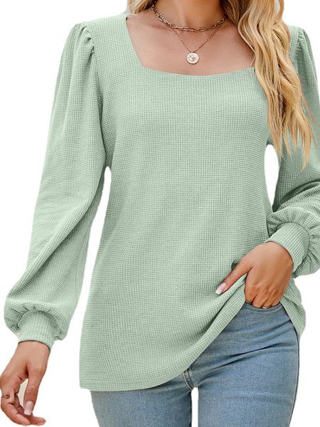 

women bubble long sleeve u-neck pleated solid t-shirt, White